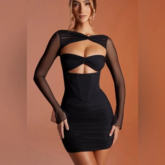 chinese dress ladies Square Neck Long Sleeve Mini Dress in Black - 2 main image 0